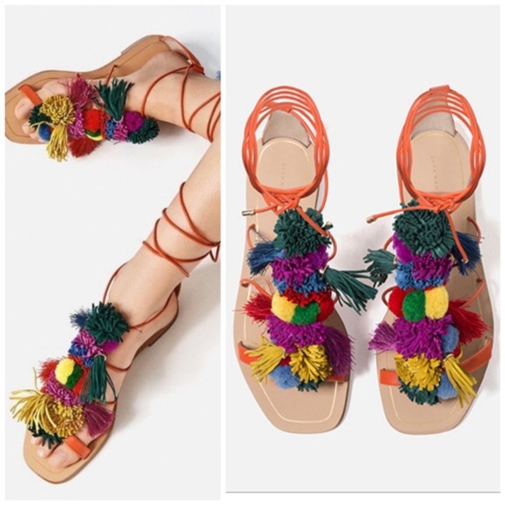 ZARA POM POM TASSEL SANDALS